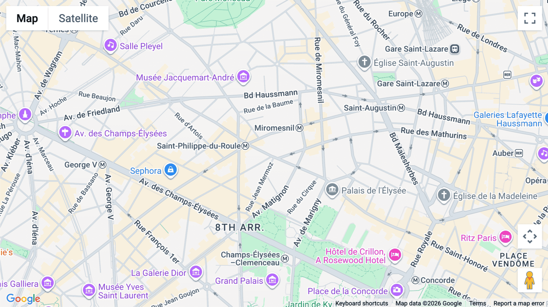 Click for interative map of Faubourg-Saint-Honoré, 128 Rue du Faubourg Saint Honoré, Paris