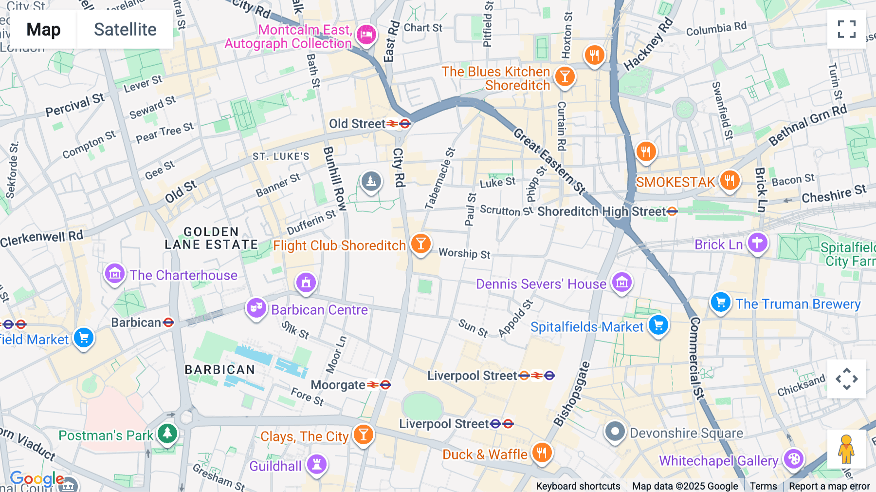 Click for interative map of 21 Worship Street, Shoreditch Fringe, London