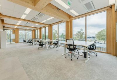 Sunlit open-plan office with white desks and large windows overlooking trees.