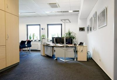 Bright office space with workstations, house plants, and framed wall art.