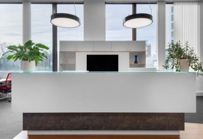 Bright minimalist reception desk with overhead pendant lighting and indoor plants.
