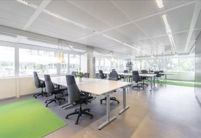 Bright open-plan office with green rugs and modern workstations.