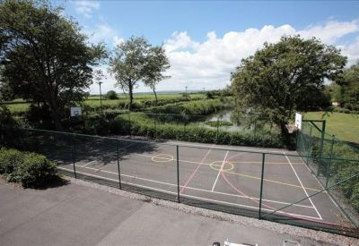 Outdoor fenced multi-use sports court surrounded by mature trees and greenery.