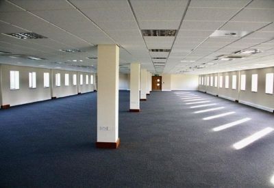 Spacious, open-plan empty office floor with blue carpeting and white supporting columns.