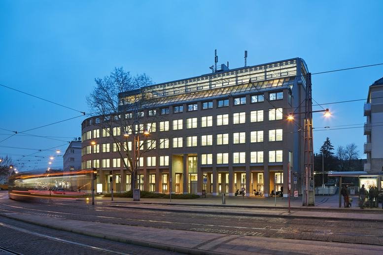Exterior view of the classic stone facade at Bahnhofplatz 12, Karlsruhe, Baden Wurttemberg.