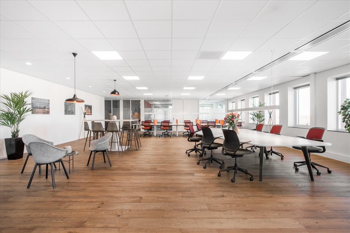 Spacious communal area featuring warm wood flooring, diverse seating options, and natural light.