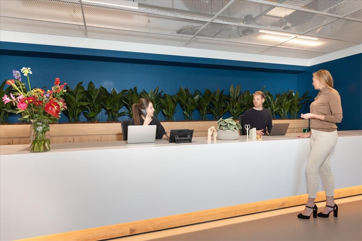 Spacious modern reception area at Haarlemmerweg 331, Amsterdam, North Holland with wood accents and floral arrangements.