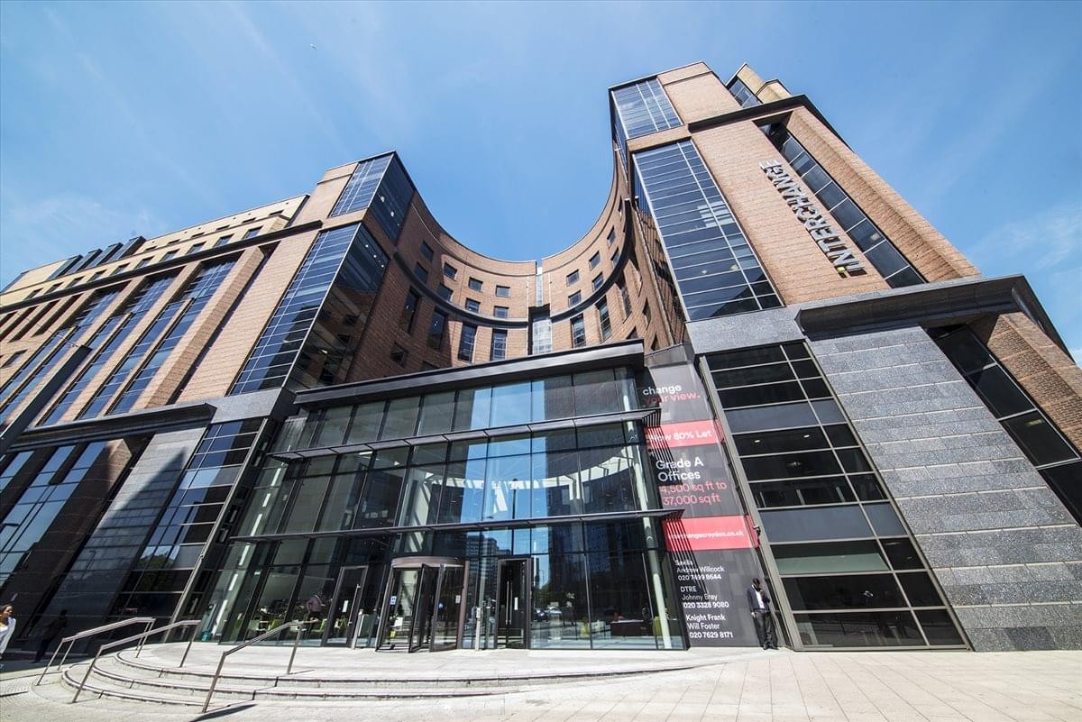 Exterior view of the curved brick and glass facade at Interchange House.