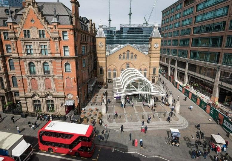 Exterior view of the historic red brick building at Liverpool Street, 14 New Street, London.