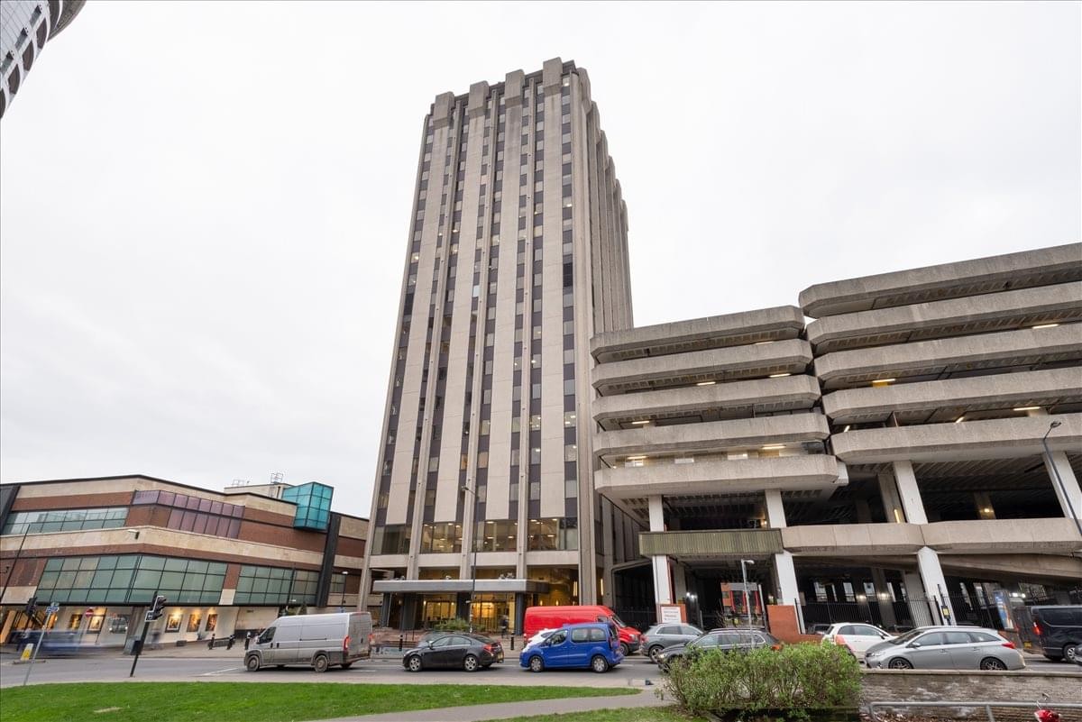 Exterior view of the brutalist concrete facade of Castlemead in Bristol.