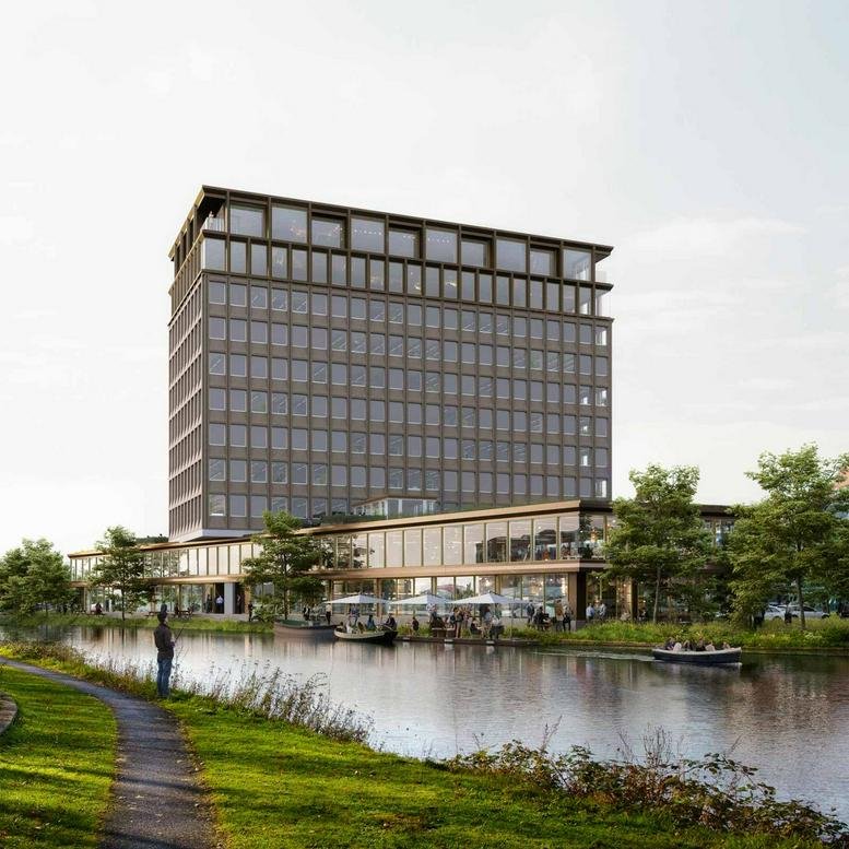 Exterior view of the modern multi-story building at Rijsburgstraat 9-11 with a waterside terrace.