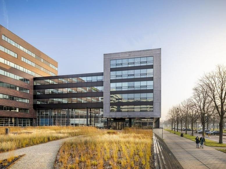 Exterior view of the modern glass and brick TW38, Transformatorweg 38 building in Amsterdam.