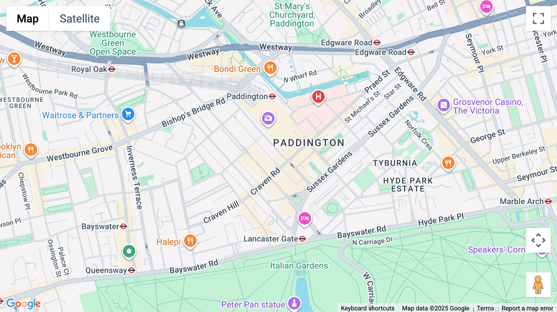 Click for interative map of 50 Eastbourne Terrace, London