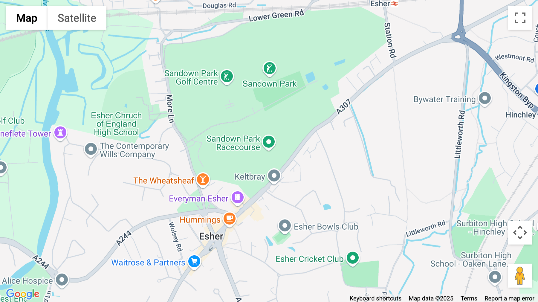 Click for interative map of Sandown Park Racecourse, Portsmouth Road, Surrey, Esher