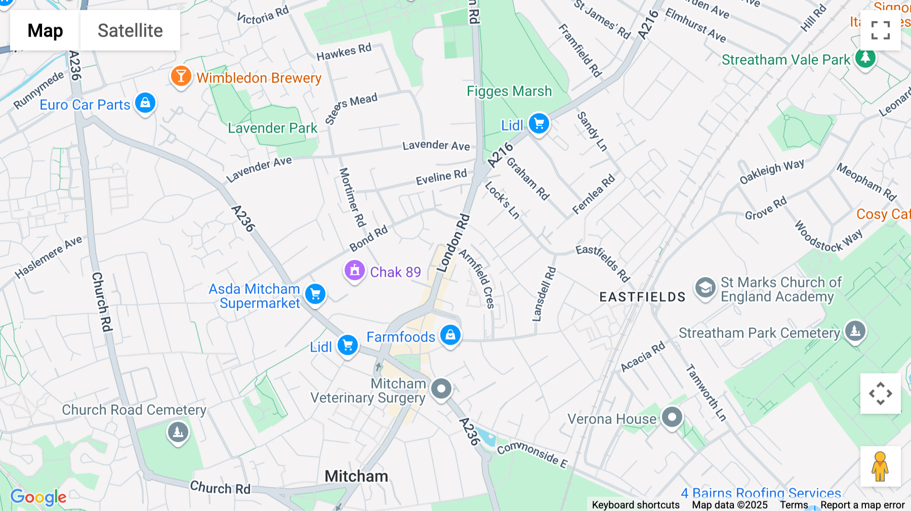 Click for interative map of 157 London Road, Mitcham