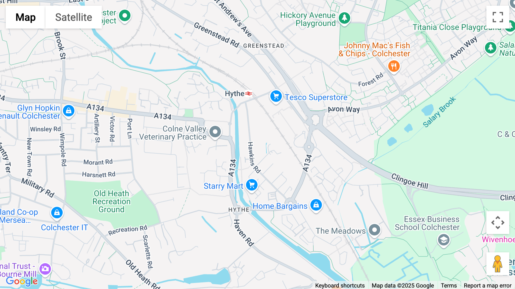 Click for interative map of Hawkins Road, Hythe, Colchester