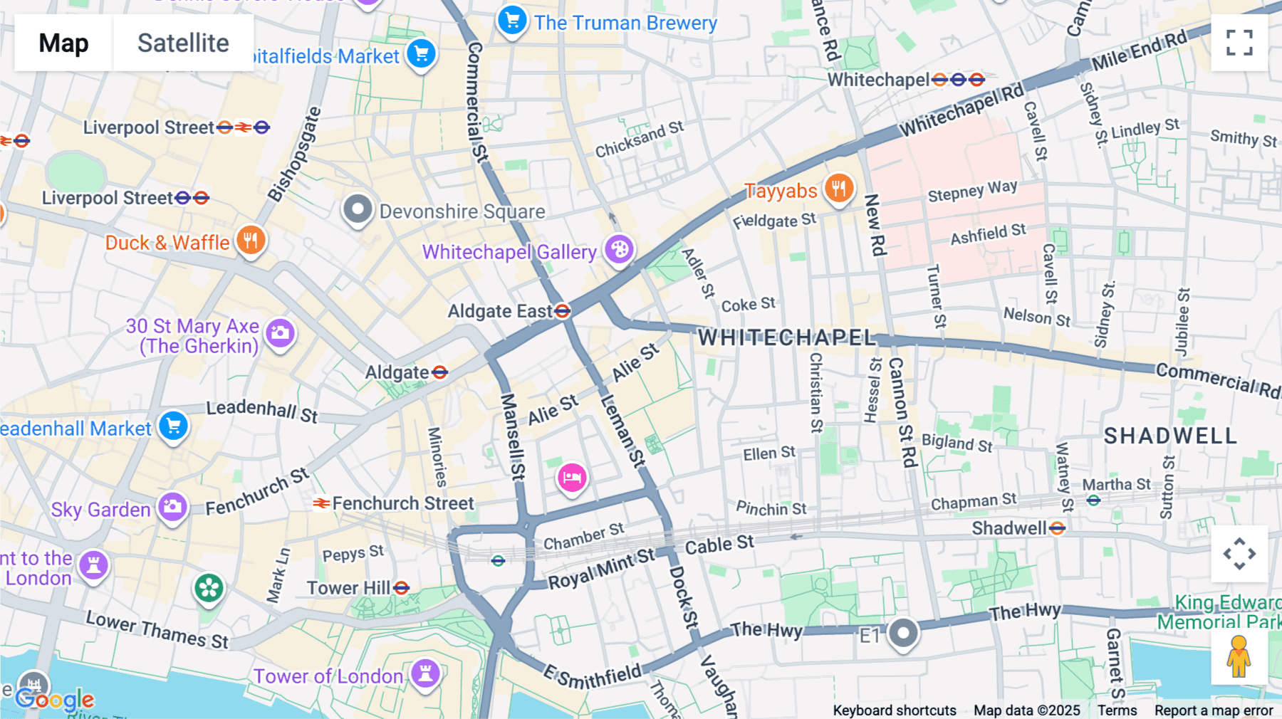 Click for interative map of 68, Alie Street, London