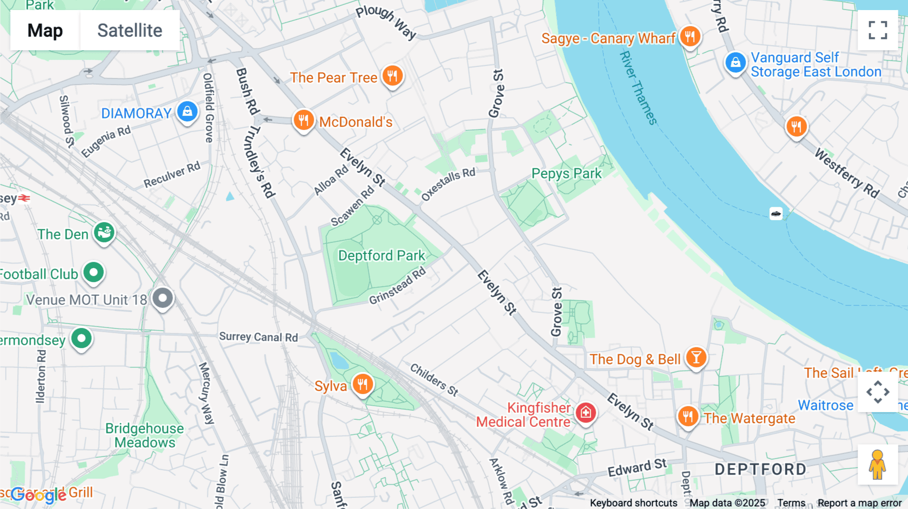 Click for interative map of Evelyn Court, Deptford Park, London
