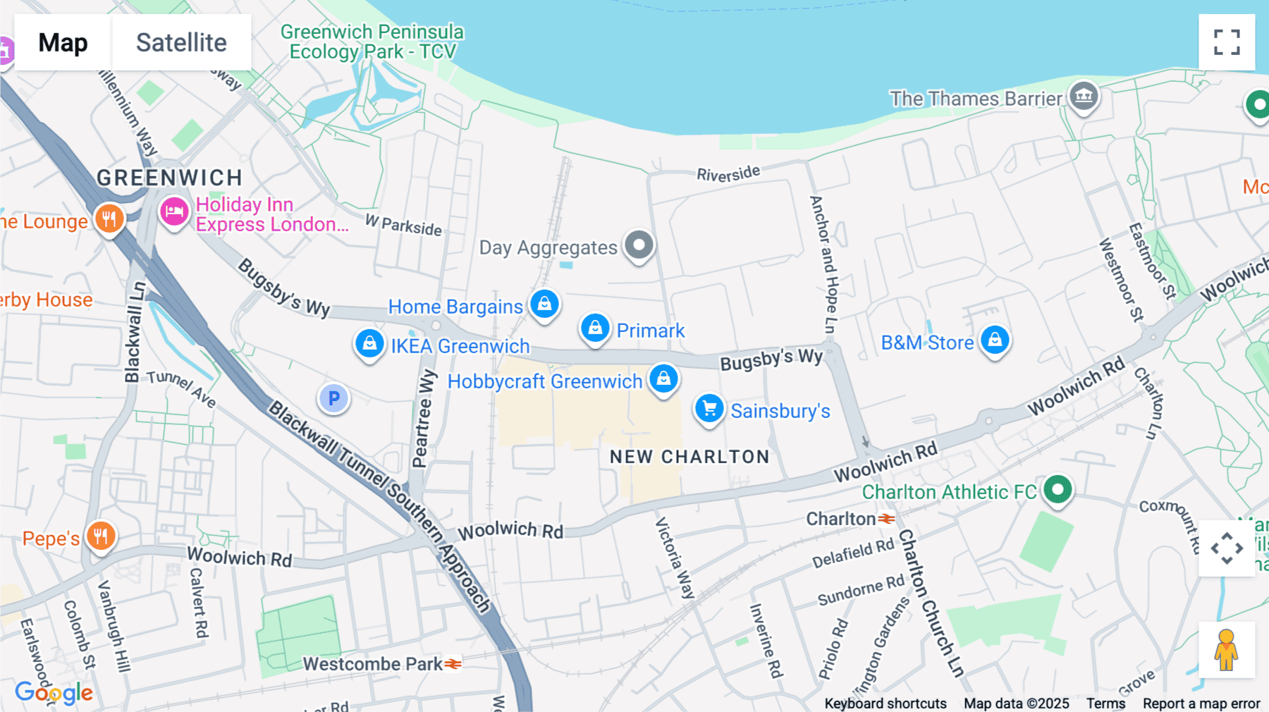 Click for interative map of Unit 1 Meridian Trading Estate, 20 Bugsby’s Way, Charlton / Greenwich, London