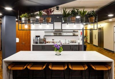 Bright communal kitchen area with a white marble island, bar stools, and hanging plants.