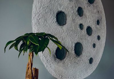 Close-up of a large textured moon wall sculpture next to a potted plant.