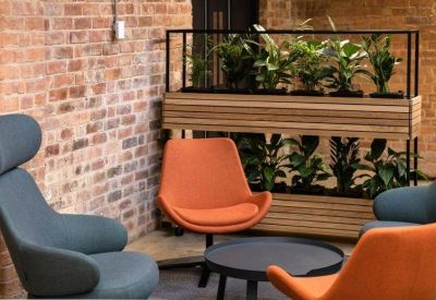 Vibrant communal lounge with orange and blue armchairs around a coffee table and wooden planters.