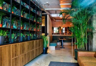 Modern hallway with glass partitions, wooden wall panels, and hanging green plants.