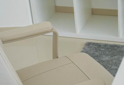 Close-up of a tan leather armchair next to white shelving units.