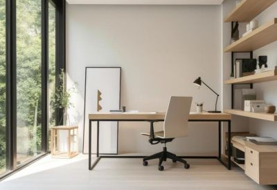 Minimalist private office with a wooden desk, sleek shelving, and floor-to-ceiling windows showing greenery.