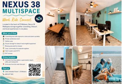 Promotional poster showing coworking desks, a meeting room, a kitchen, and people on a beach.