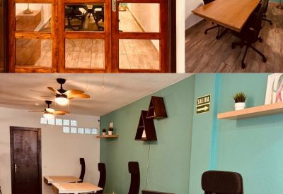 Collage of coworking spaces including wood-framed doors and a modern meeting room.