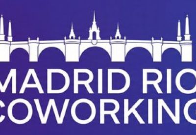 Madrid Rio Coworking logo with a white bridge graphic on a purple and blue gradient background.