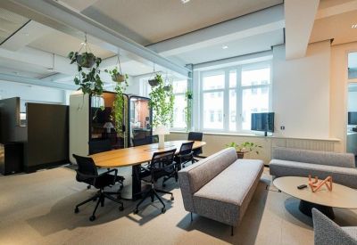 Communal breakout area featuring a large wooden table, grey sofas, and hanging plants.