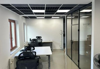Bright office area with glass partition walls and modern black acoustic ceiling.
