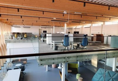 Spacious open-plan workspace on a mezzanine level with warm timber ceiling beams and blue office chairs.