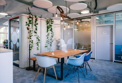 Communal wooden table with blue and white chairs, hanging plants, and decorative ceiling discs.