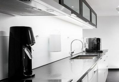 Modern kitchen with sleek black countertops