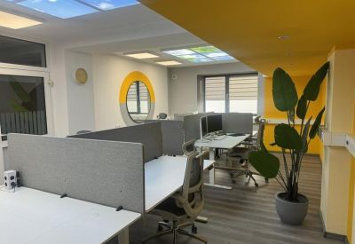 Workspace featuring sit-stand desks, grey privacy screens, and natural light from a window.