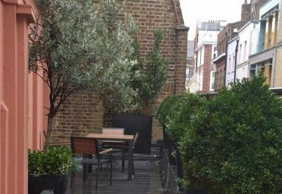 Outdoor communal terrace with tables and plants.