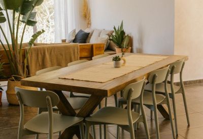 Spacious wooden communal dining table with green chairs and a large houseplant.