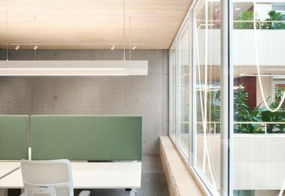 Modern workspace with a green privacy screen and view into the central atrium.