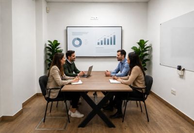 Modern meeting room with four people seated at a wooden table and a digital presentation screen.