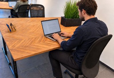 Bright workstation on a wooden herringbone desk featuring a laptop and greenery.