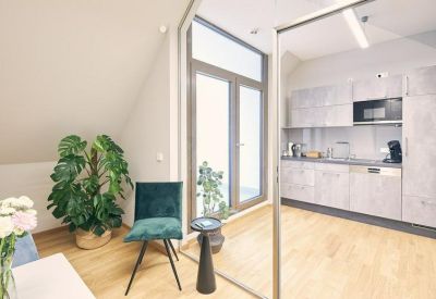 Modern communal kitchen with light wood floors, a green velvet chair, and a large potted plant.