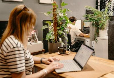 Open-plan office space with people working at wooden desks decorated with indoor plants.