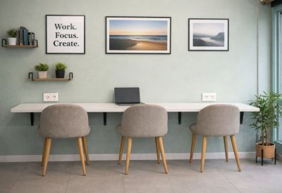 Desk area with three chairs, framed wall art, and a potted plant by the window.