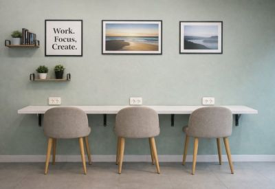 Frontal view of three workstations with wall-mounted shelves and power points.