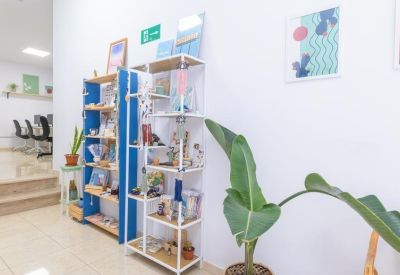Retail display shelving with blue accents and indoor plants.