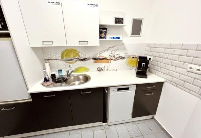 Modern communal kitchen area with dark cabinetry, white countertops, and a coffee machine.