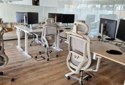 Office space with adjustable standing desks and mesh chairs.
